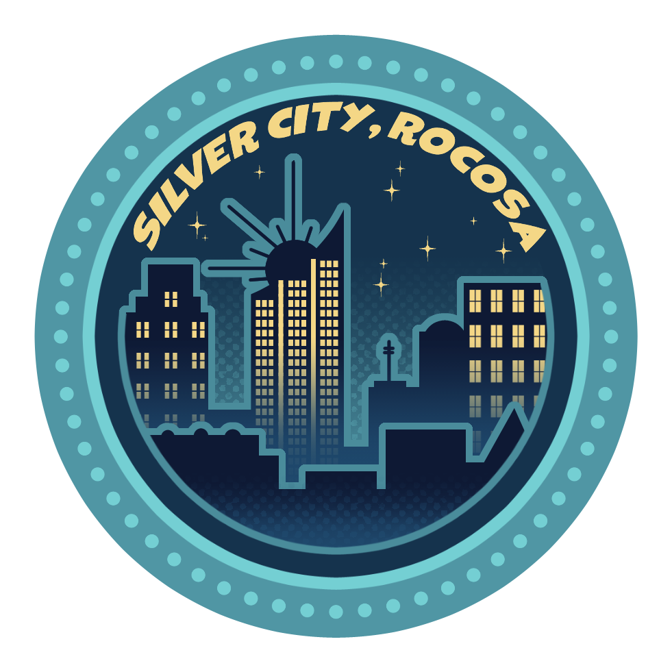 A blue-toned logo of Silver City, Roscosa
